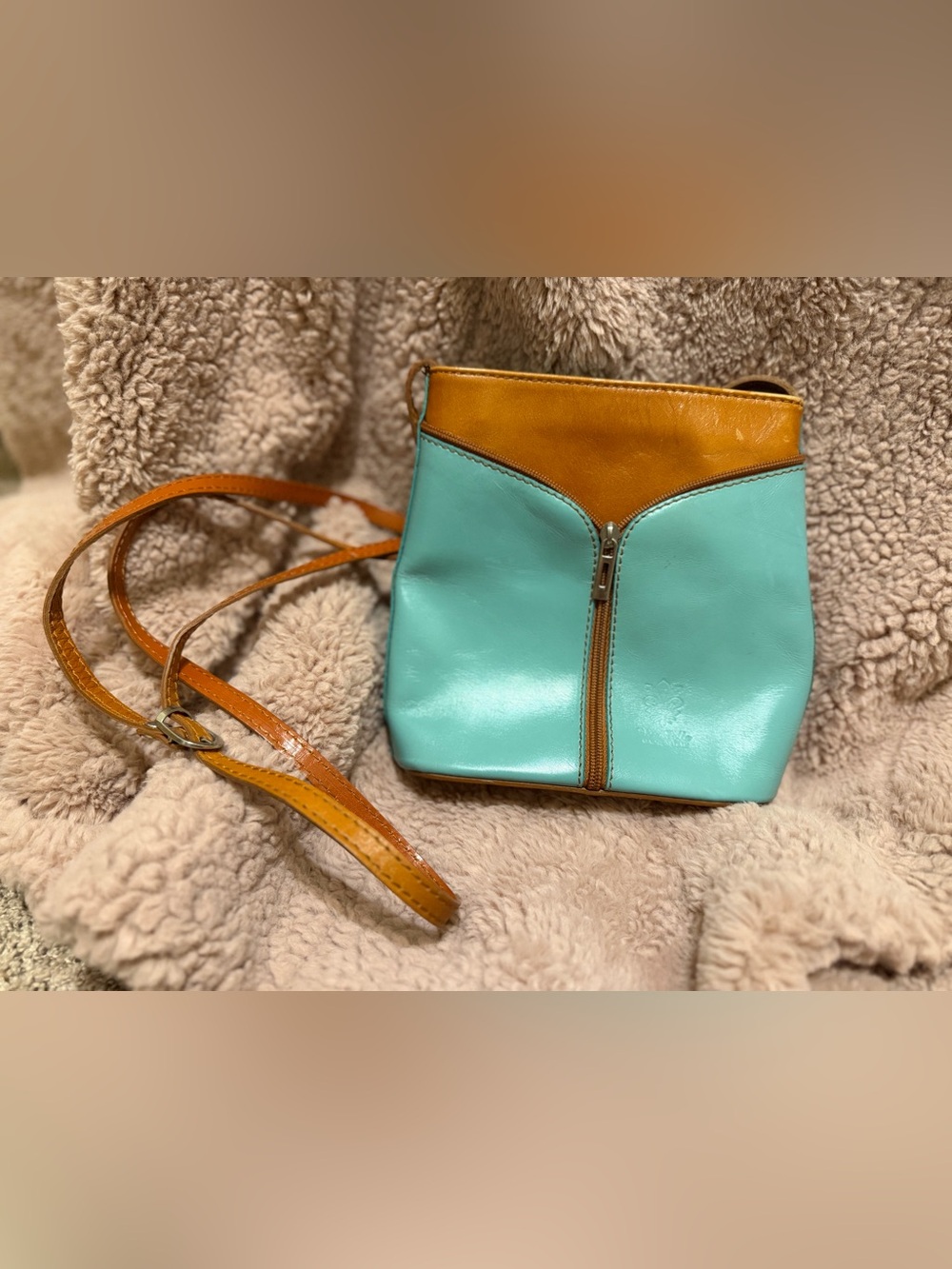 Vera Pelle Italian Leather Turquoise Cognac Crossbody Bag Made in Italy